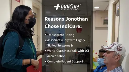 An image listing reasons Australian patient Jonothan chose IndiCure for his affordable knee replacement in India, including Transparent Pricing, Highly Skilled Surgeons, JCI Accredited Hospitals, and Complete Patient Support. An image listing reasons Australian patient Jonothan chose IndiCure for his affordable knee replacement in India, including Transparent Pricing, Highly Skilled Surgeons, JCI Accredited Hospitals, and Complete Patient Support.